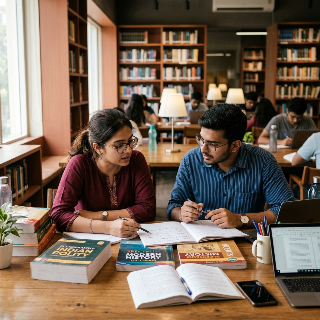Students studying together in library